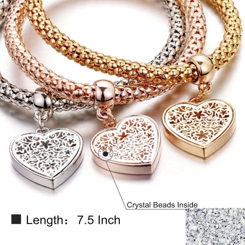 SILANER Crystal Charms Multilayer Bracelets - 3PCS Gold/Silver/Rose Gold Corn Chain Bracelet for Women, Tree of Life Heart Shaped Stretch Bracelet - Image 2